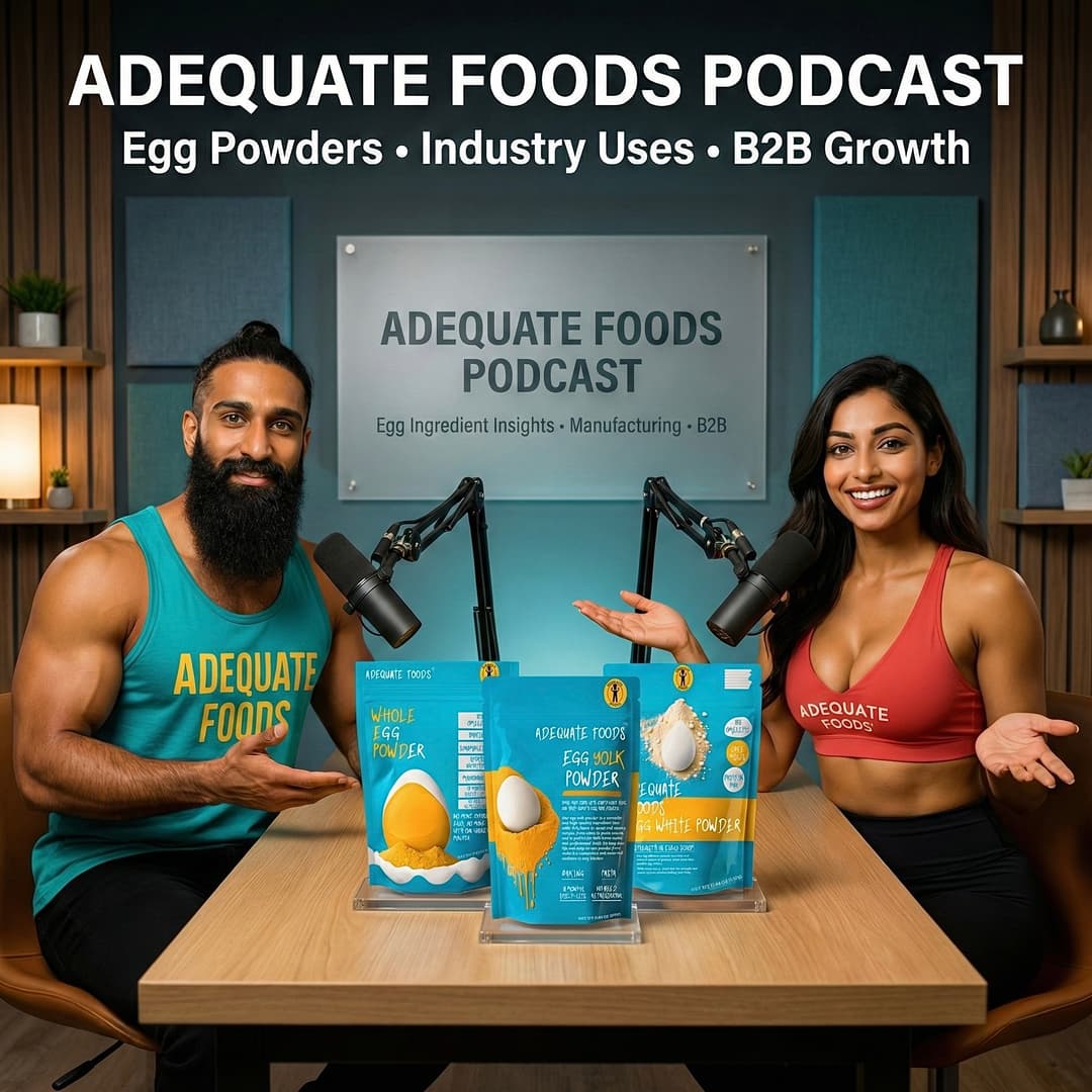 Adequate Foods Podcast artwork featuring two hosts and Adequate Foods egg powder products.