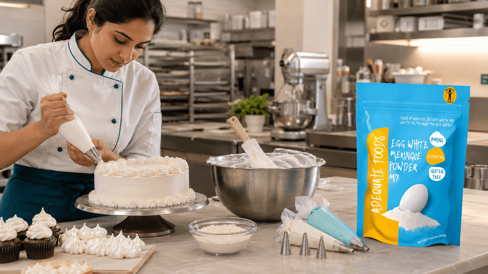 Premium cake with clean white piping and professional pastry chef hands