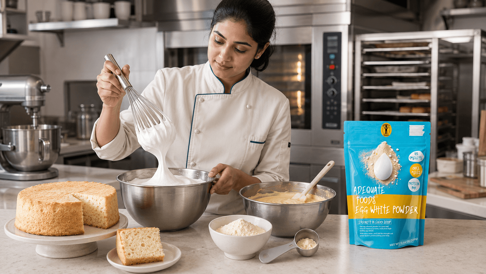 Professional baker whipping egg white foam during a cake and baking workflow