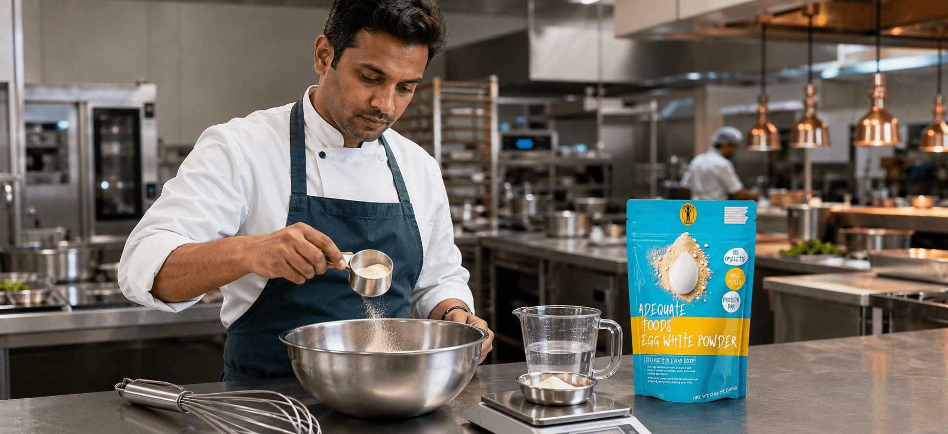 Chef working with egg white powder in a professional foodservice kitchen