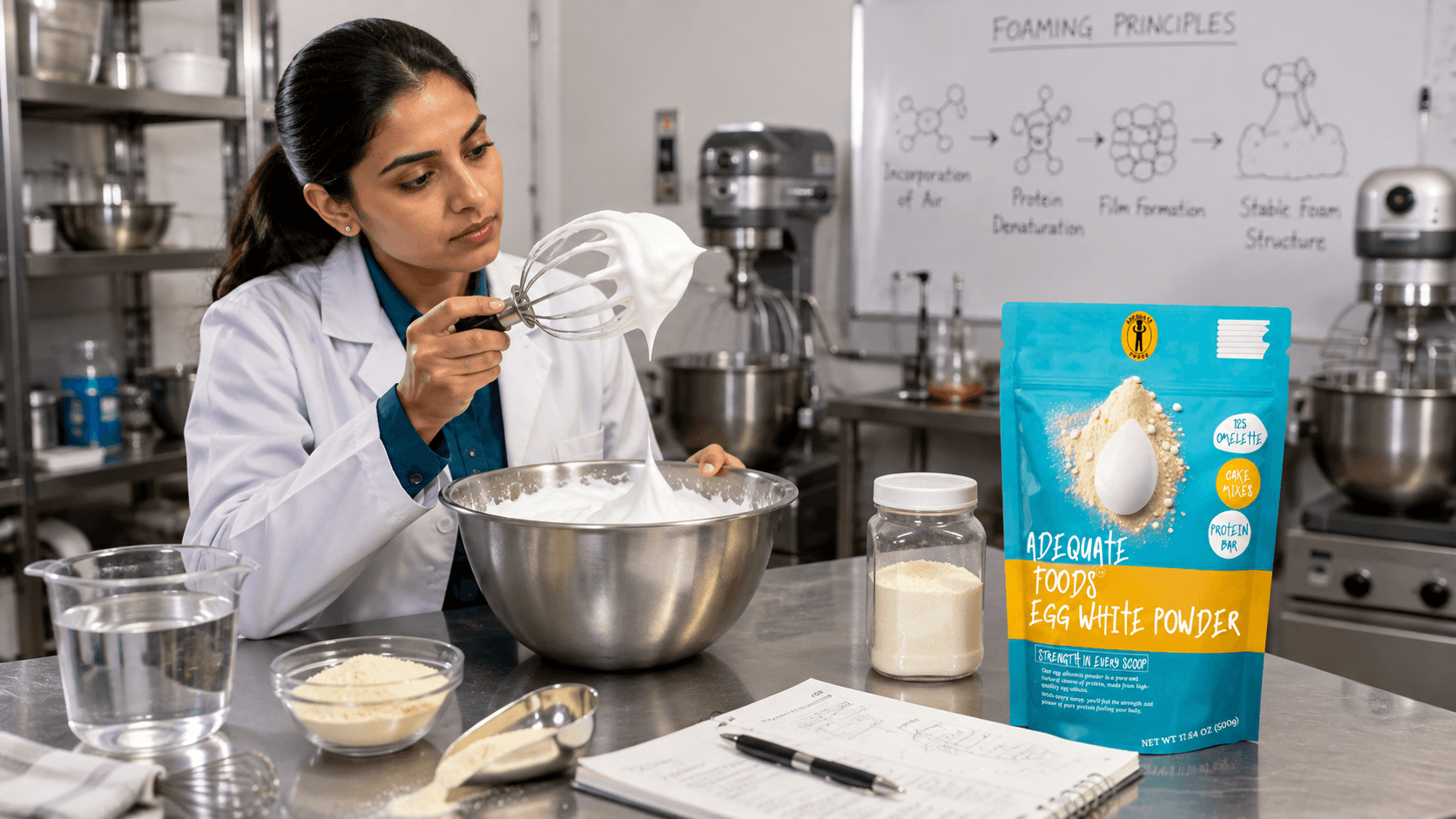 Professional baker examining aerated egg white foam during whipping
