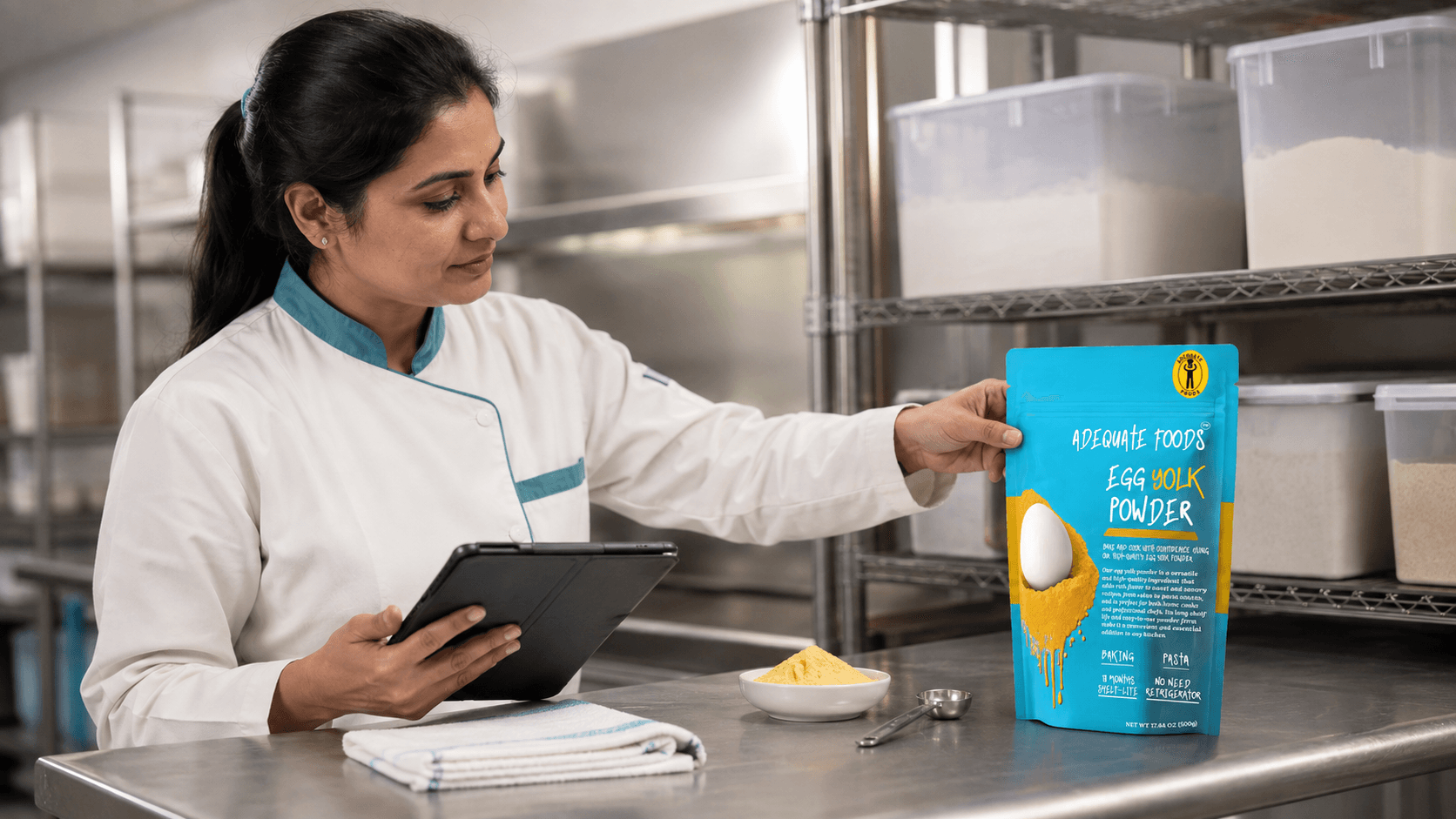 Professional dry ingredient storage and handling setup featuring Adequate Foods Egg Yolk Powder