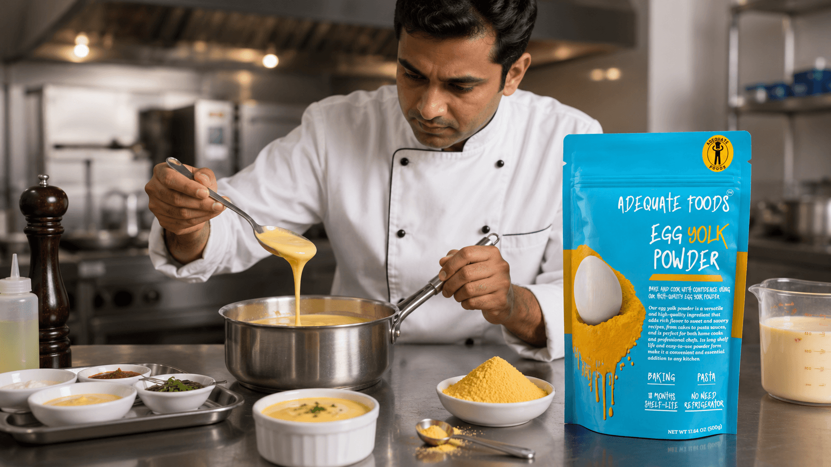 Professional chef preparing sauce with Adequate Foods Egg Yolk Powder in a commercial kitchen