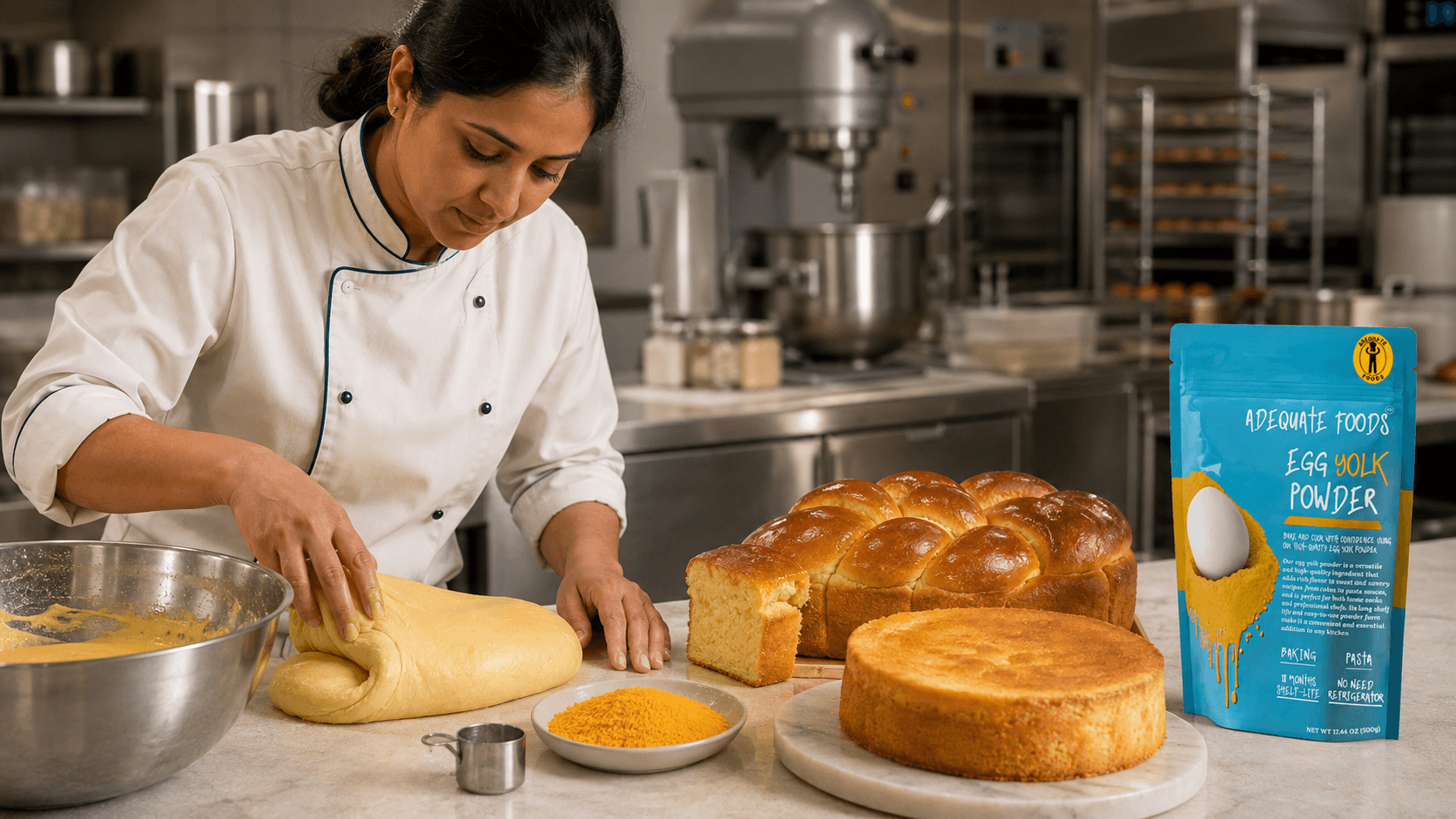 Bakery professional preparing cakes and enriched baked products with Adequate Foods Egg Yolk Powder