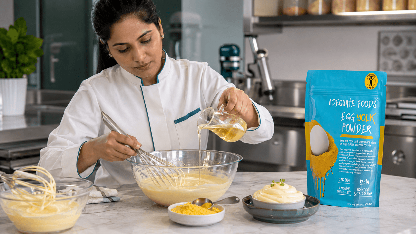 Food professional demonstrating an emulsified preparation using Adequate Foods Egg Yolk Powder