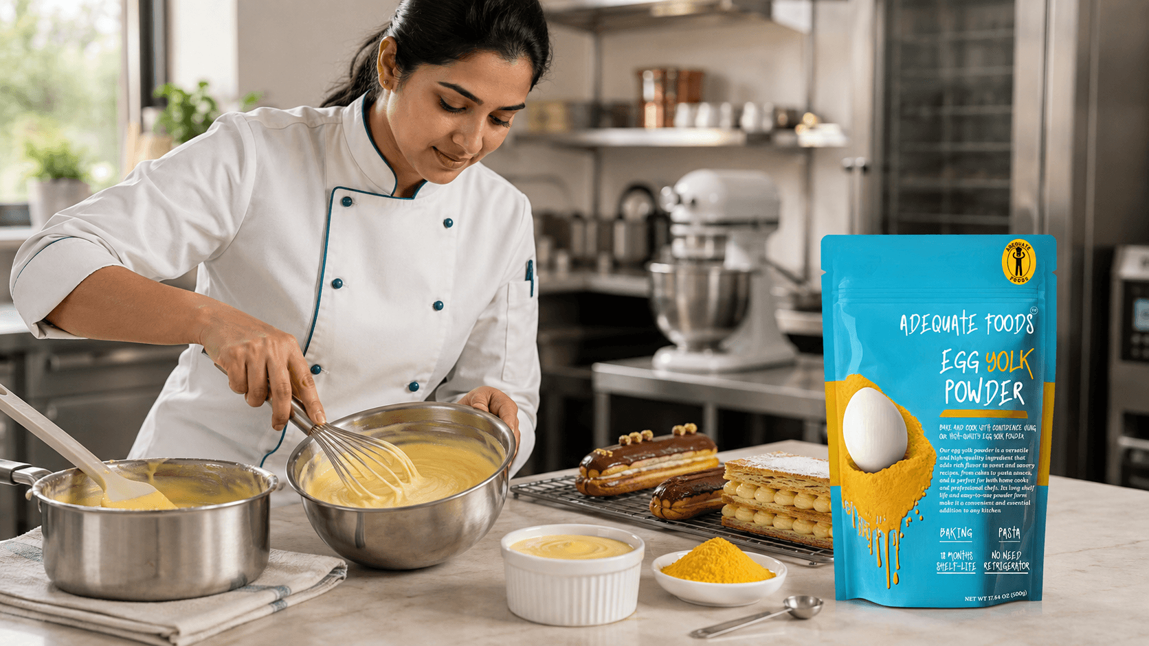 Pastry professional preparing custard and pastry cream with Adequate Foods Egg Yolk Powder