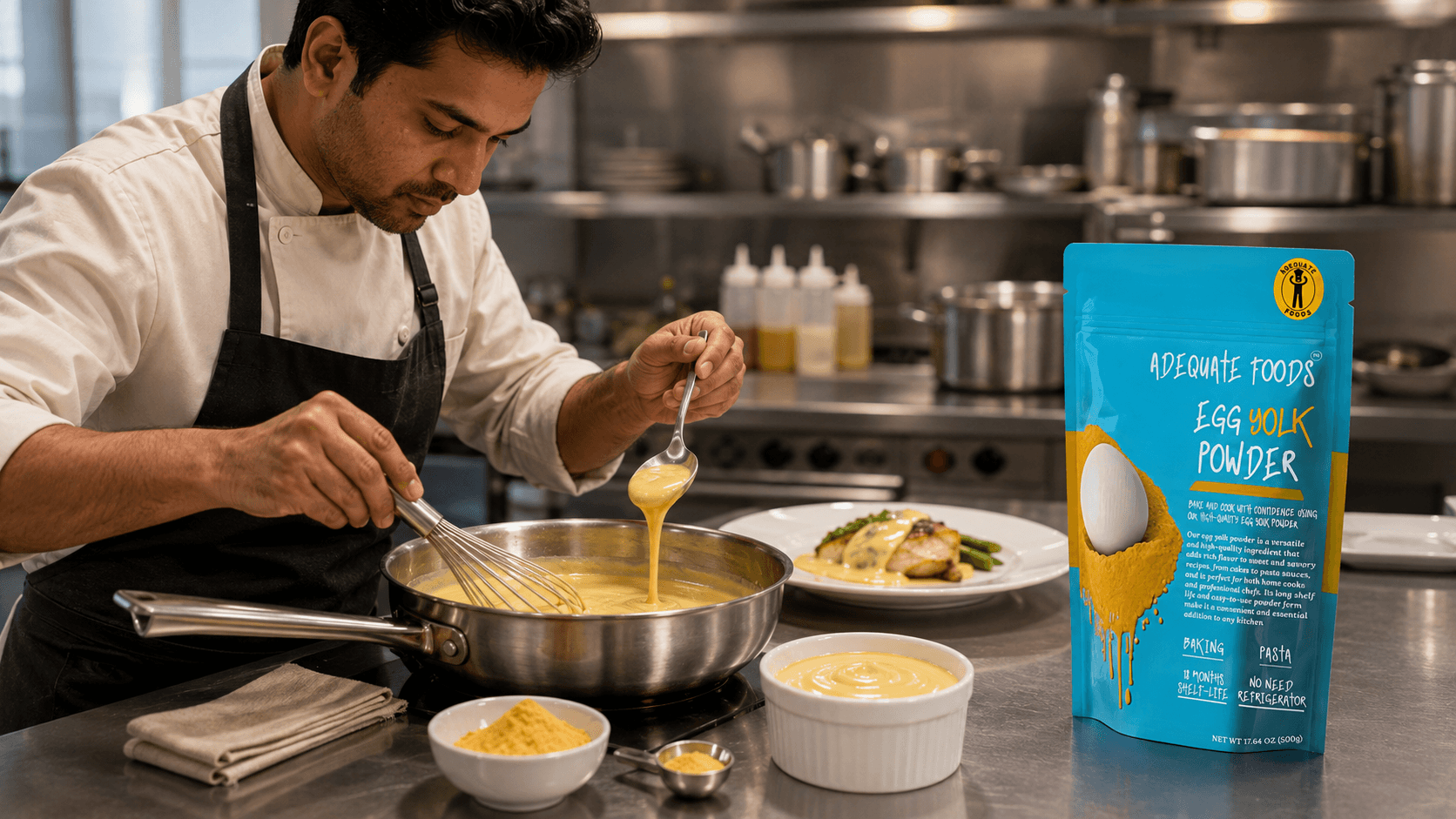 Chef preparing smooth professional sauces using Adequate Foods Egg Yolk Powder