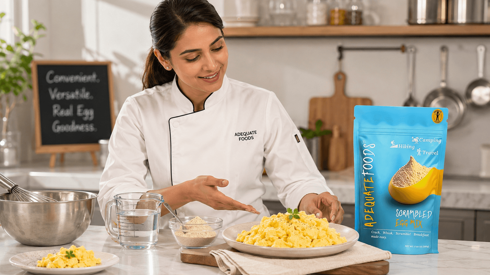 Adequate Foods Scrambled Egg Mix preparation and finished scrambled eggs