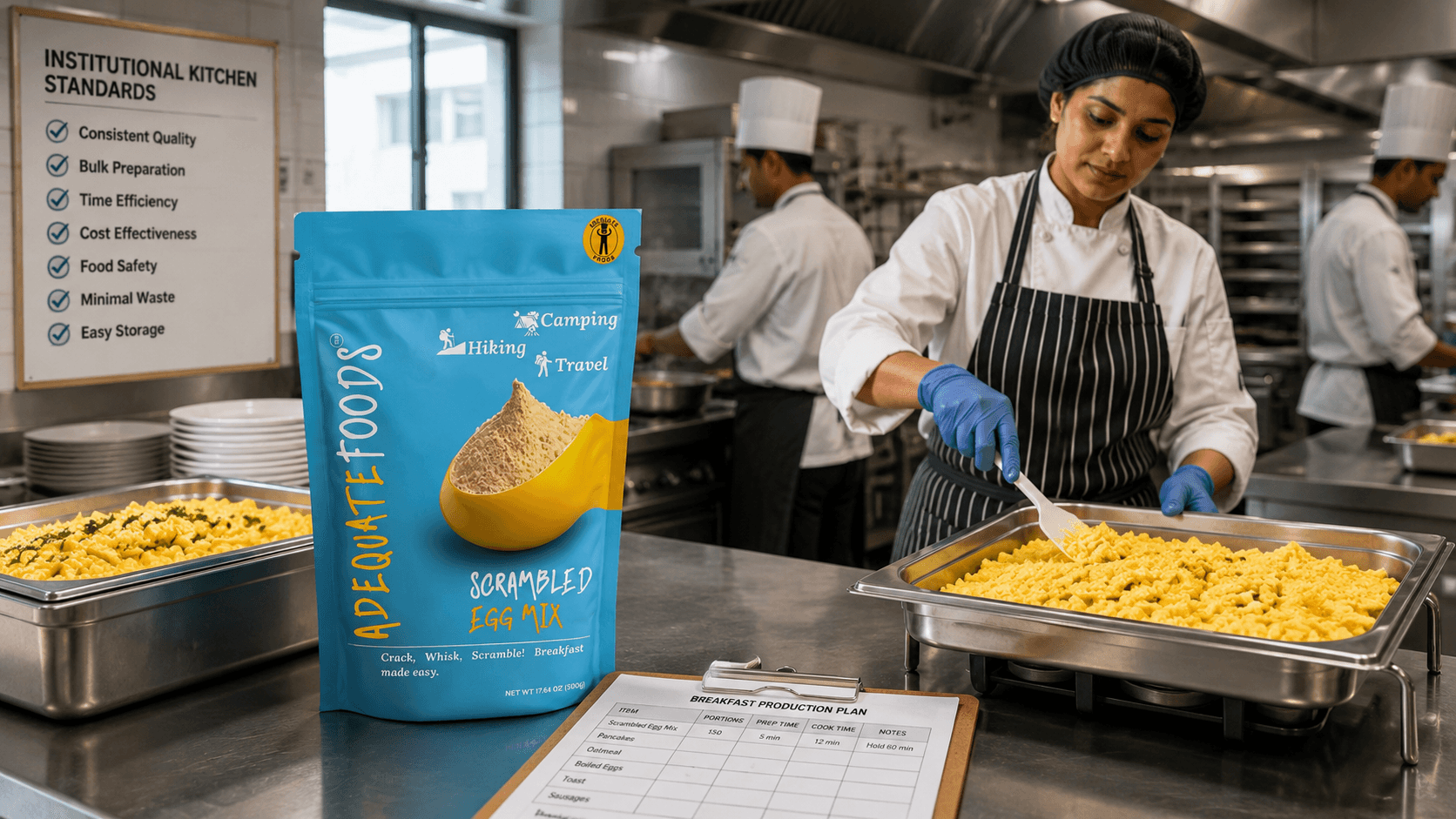 Adequate Foods Scrambled Egg Mix in an institutional kitchen