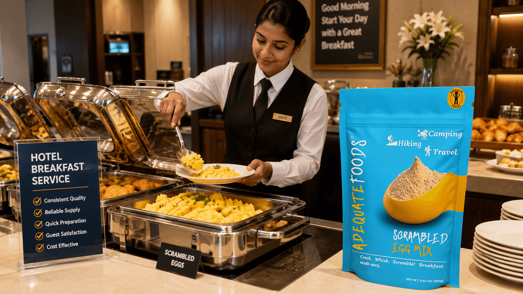 Adequate Foods Scrambled Egg Mix in hotel breakfast service