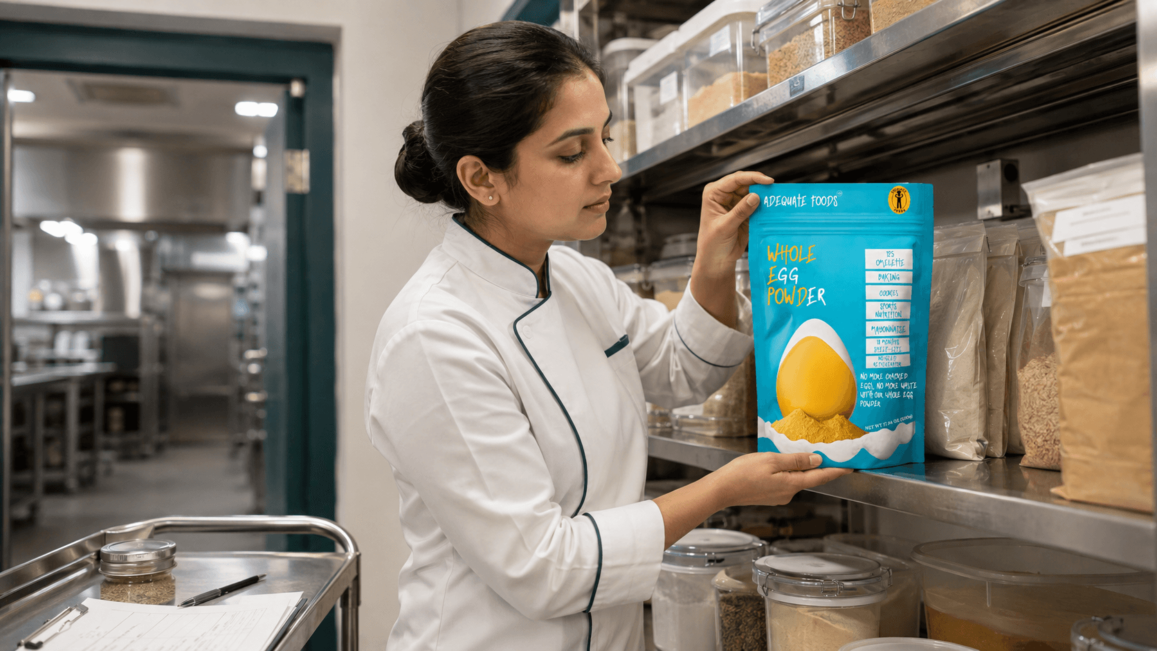 Professional storage handling of Adequate Foods Whole Egg Powder in a controlled kitchen environment