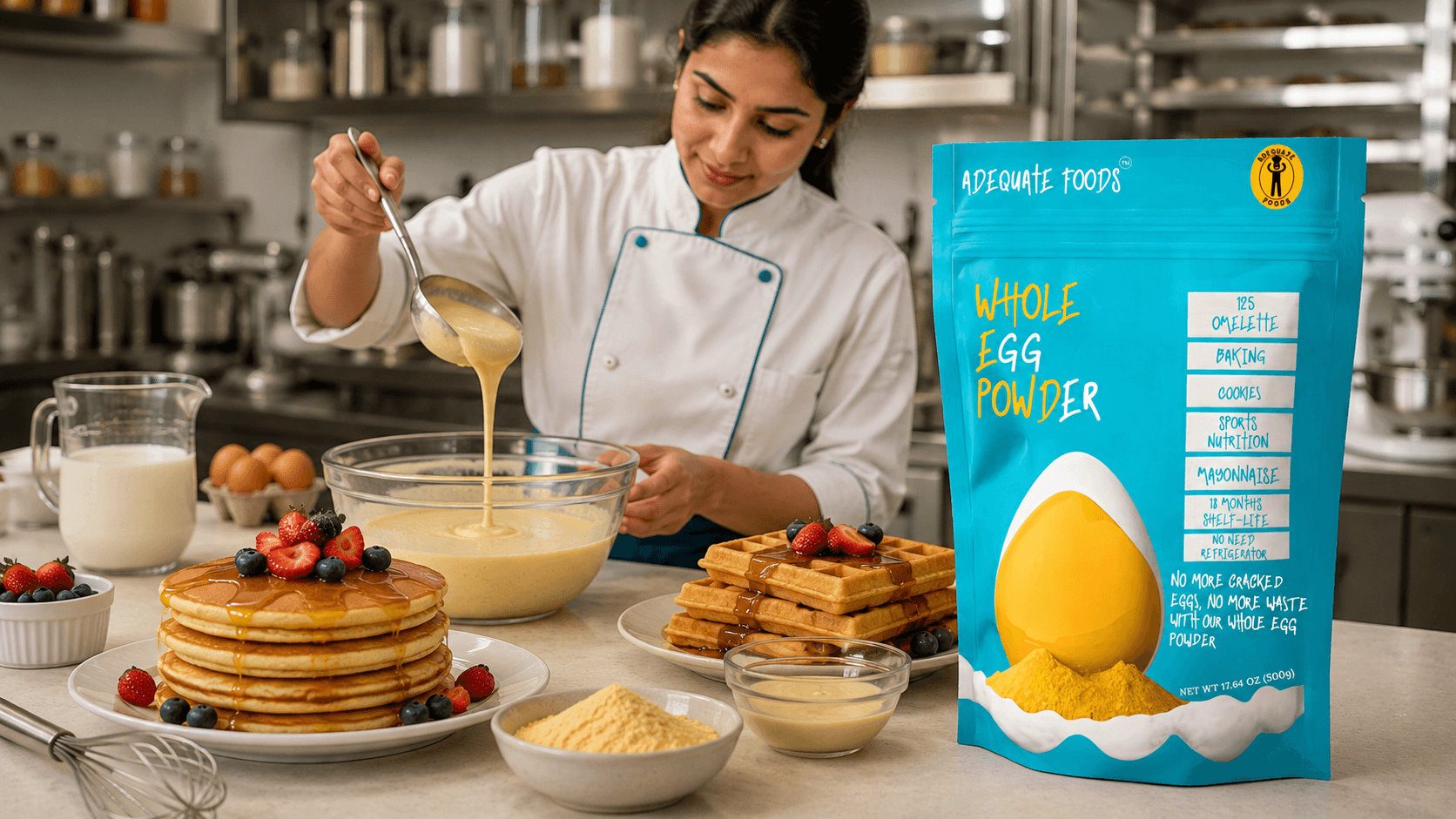 Professional preparation of pancakes waffles and batter using Whole Egg Powder