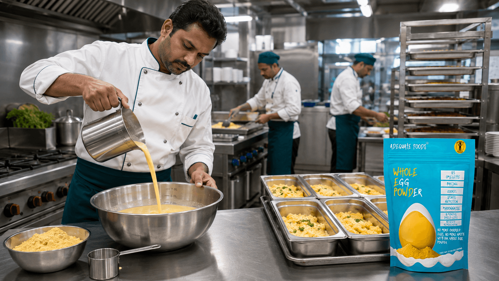 Large-batch Whole Egg Powder preparation in a professional high-volume kitchen