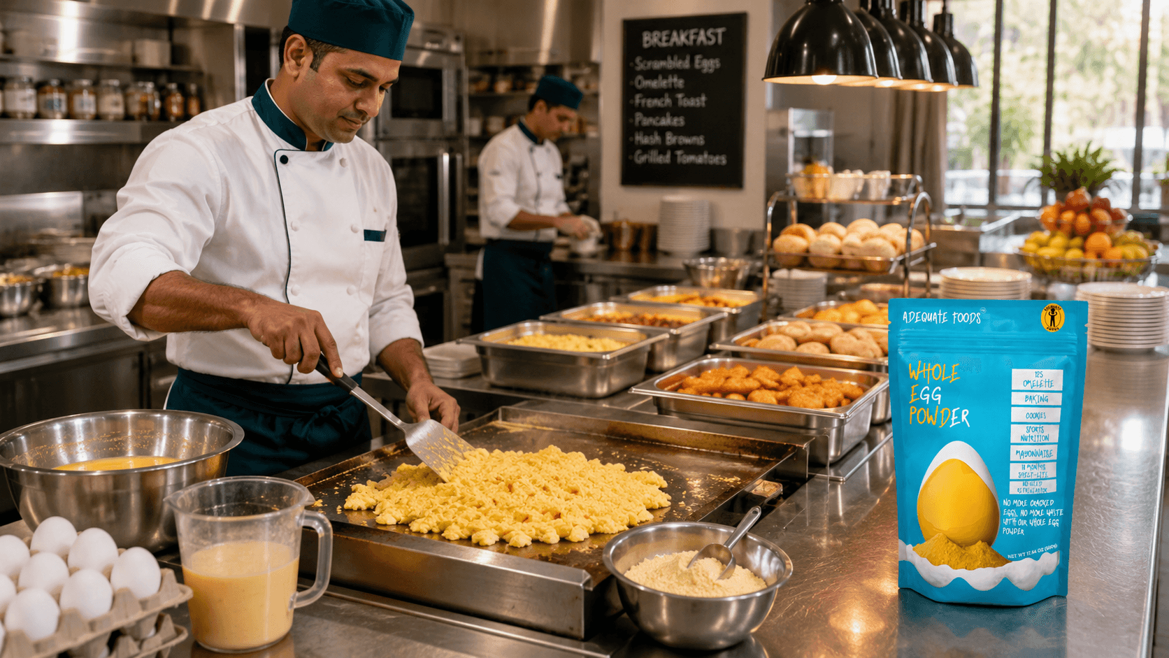 Professional breakfast preparation using Adequate Foods Whole Egg Powder