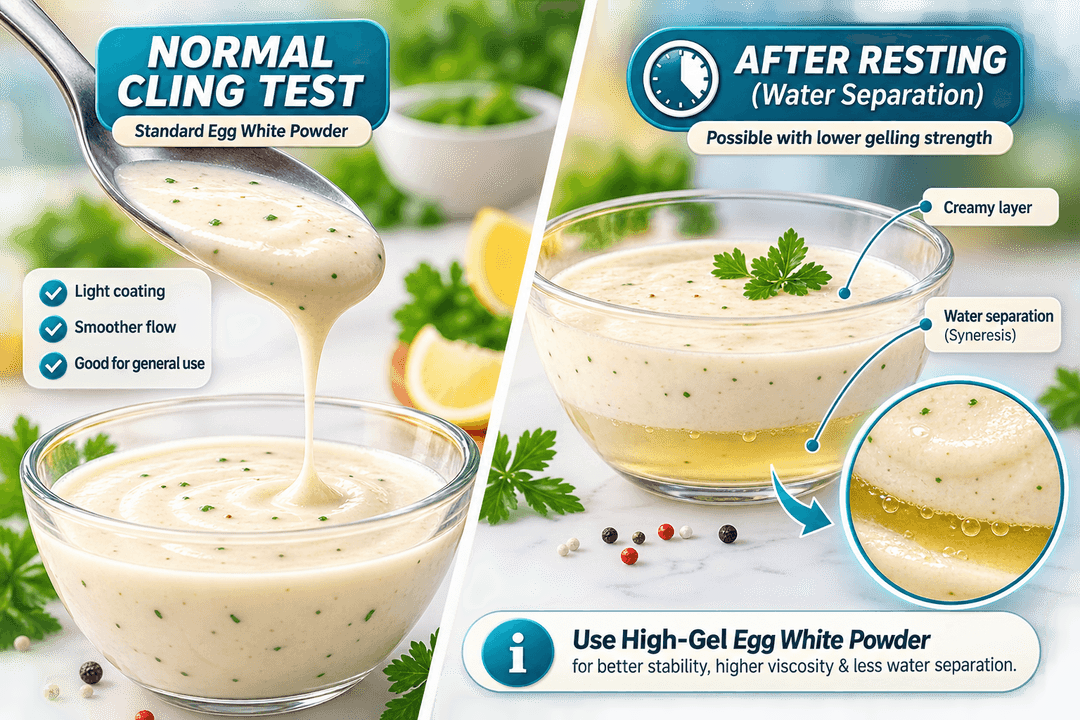 Normal Egg White Powder cling test demonstrating standard emulsion flow