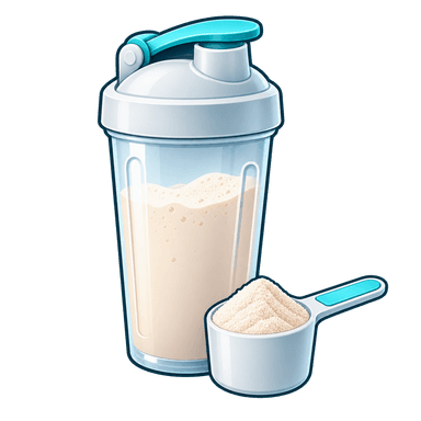 Egg white protein powder scoop and beverage preparation illustration